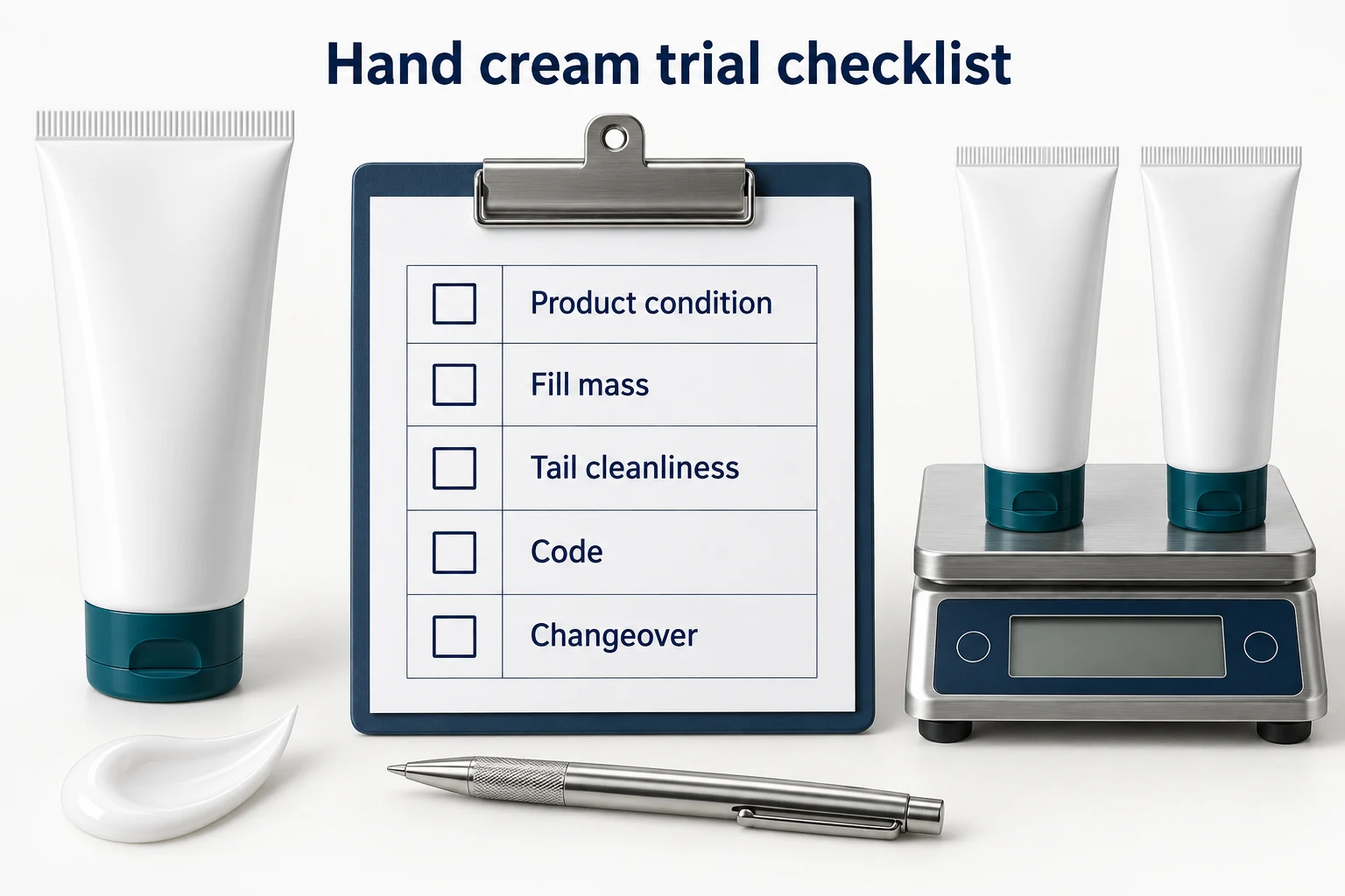 Hand Cream Tube Filling and Sealing: Trial Production Checklist concept illustration