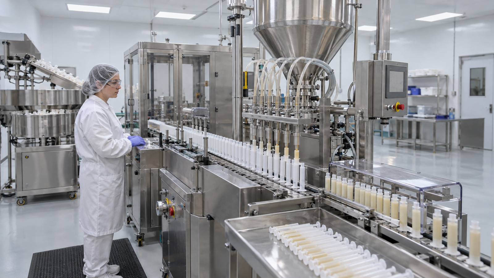 In-house gel bait syringe filling line in a clean production room