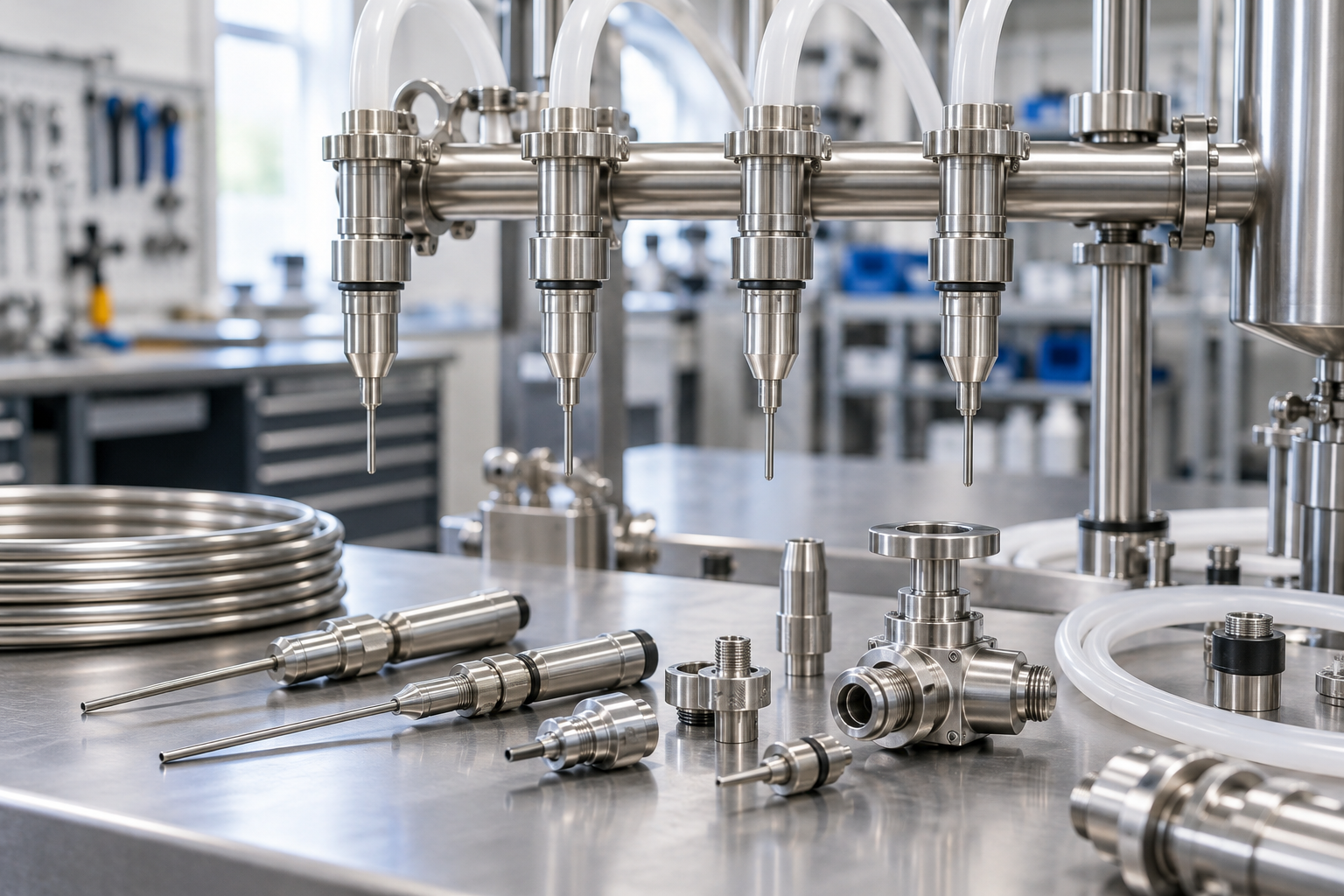 Precision filling nozzles and product contact parts of an injection filling machine