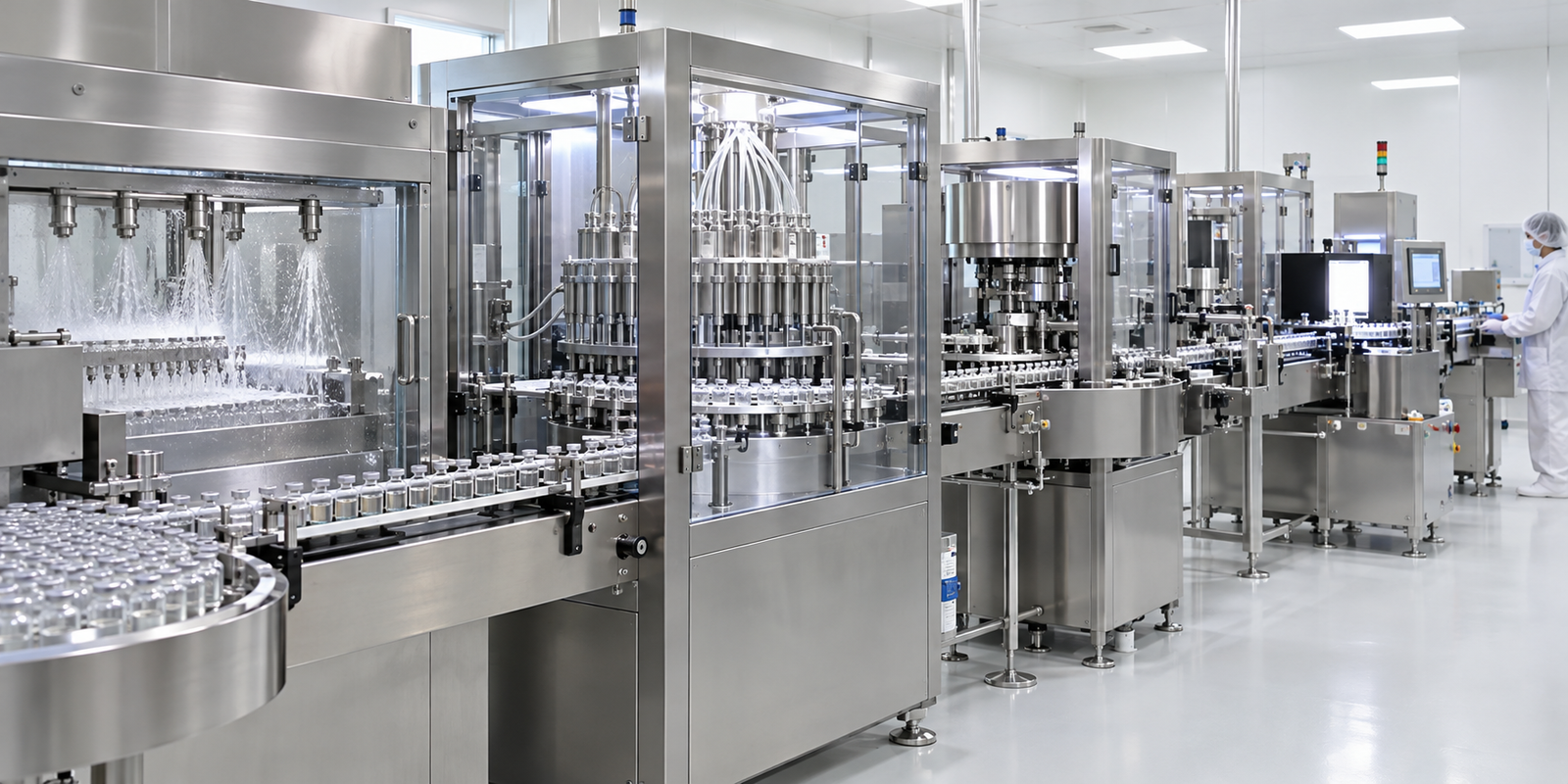 Modular pharmaceutical vial filling line for injectable liquid production