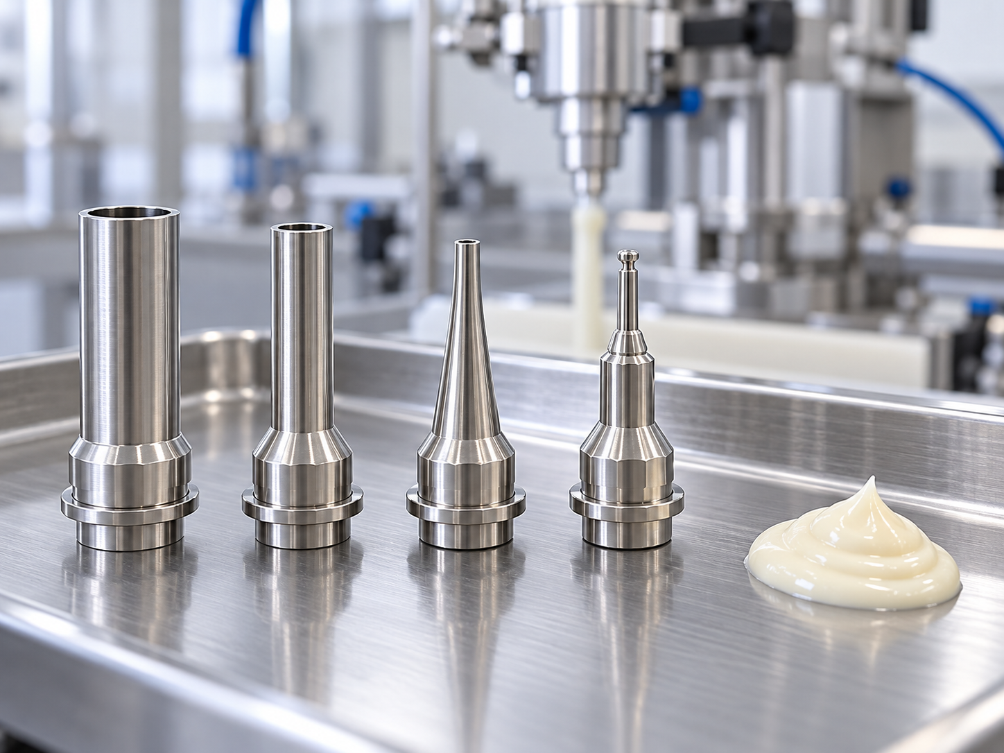 Interchangeable stainless steel filling nozzle tips beside a viscous cream sample