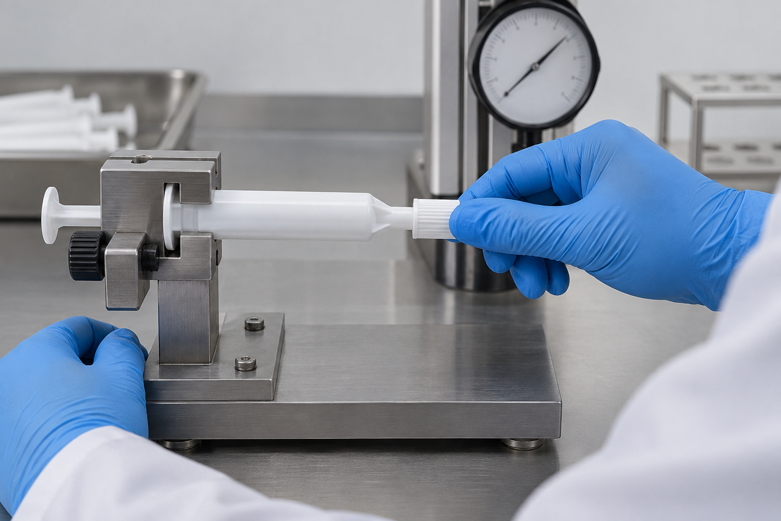 Technician checking a capped intramammary applicator in a stainless-steel retention test fixture.