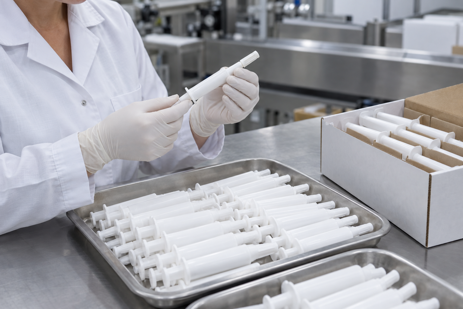 Technician inspecting capped intramammary applicators before protective carton packing.
