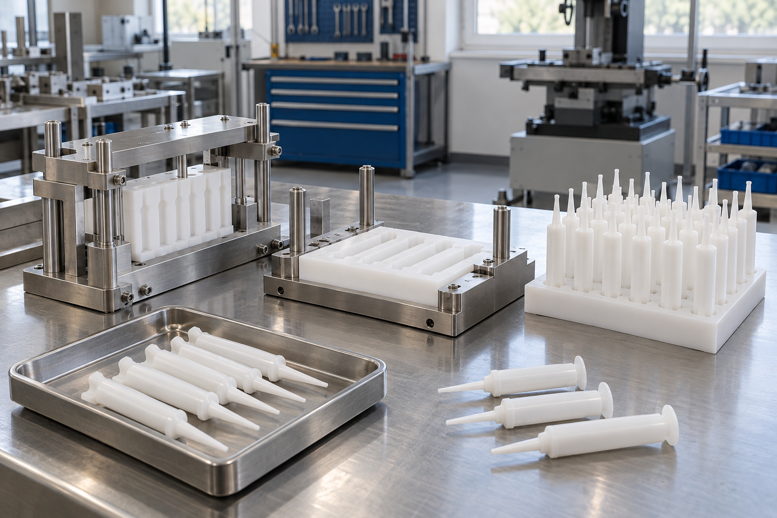 Organized format-specific stainless fixtures and white polymer nests laid out on clean bench beside empty white intramammary applicator samples.