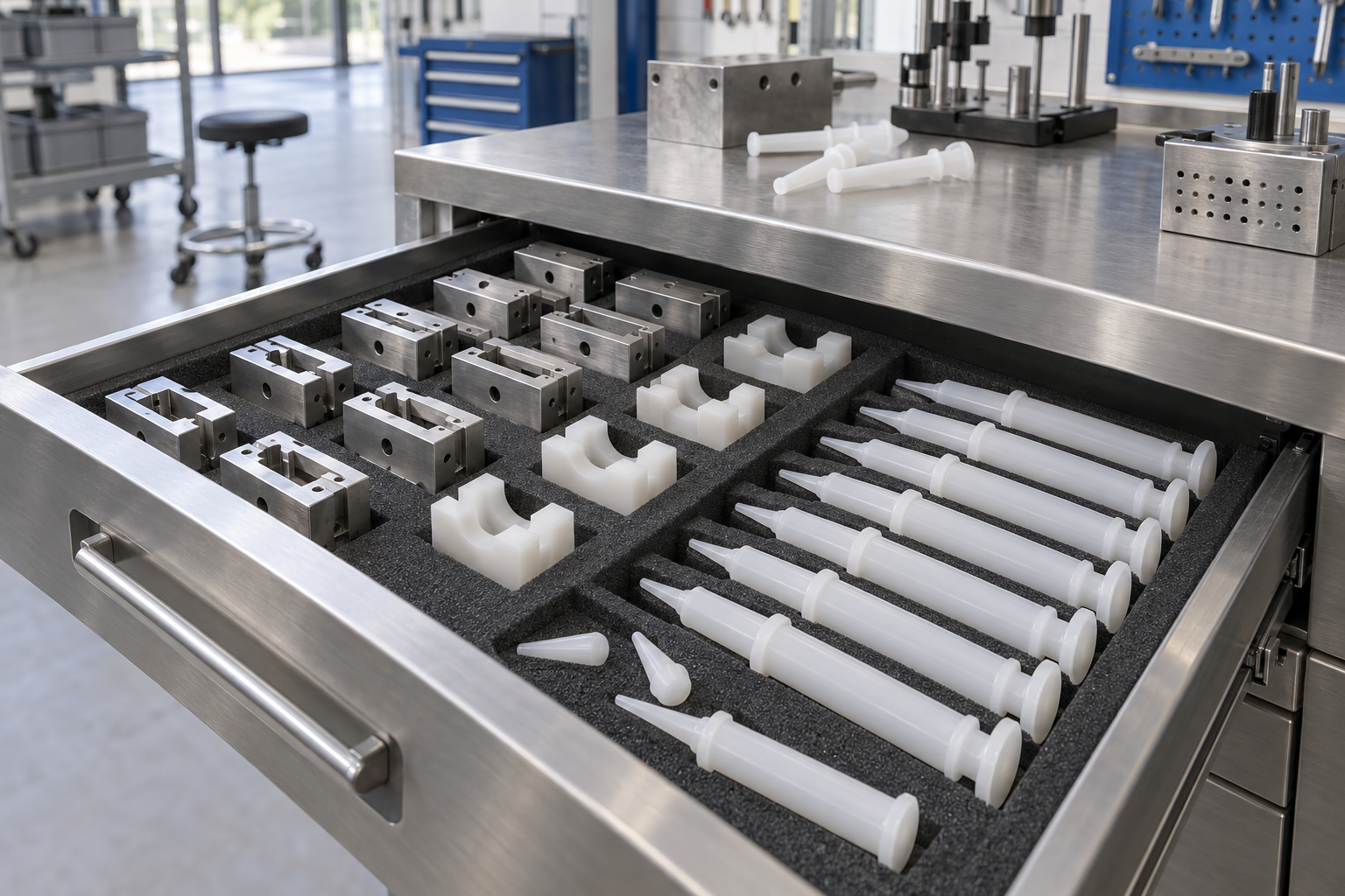 Format-specific guide blocks and support nests arranged in a protective drawer.