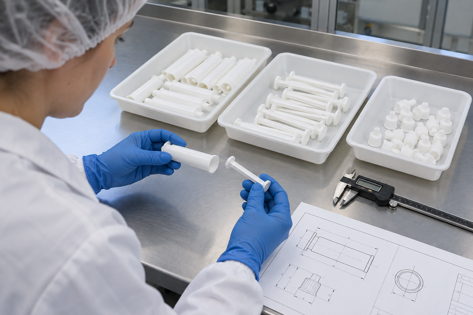 Separate identified sample trays of applicator barrels plungers and caps.