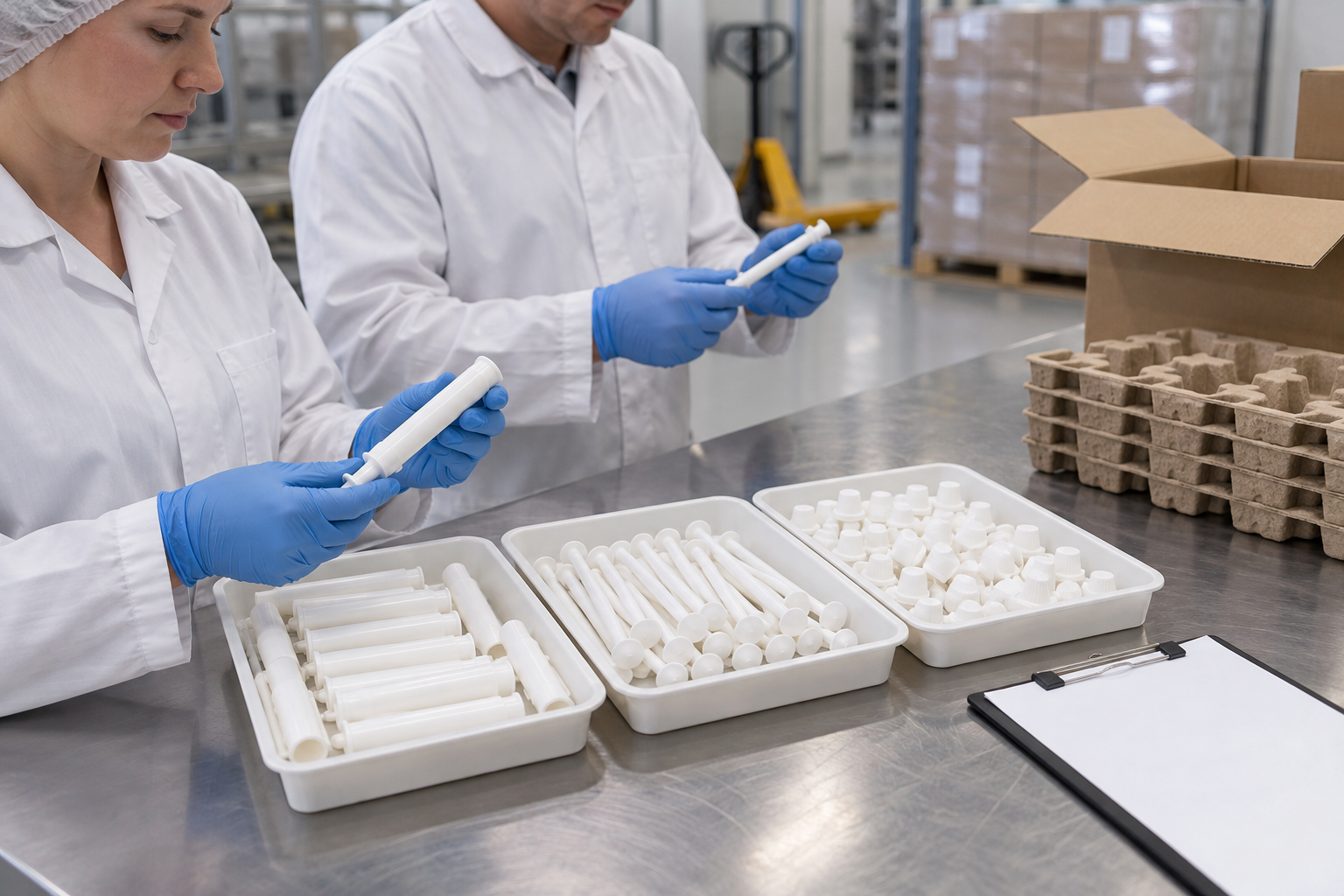 Factory staff inspecting intramammary component sets and protective packing before shipment.