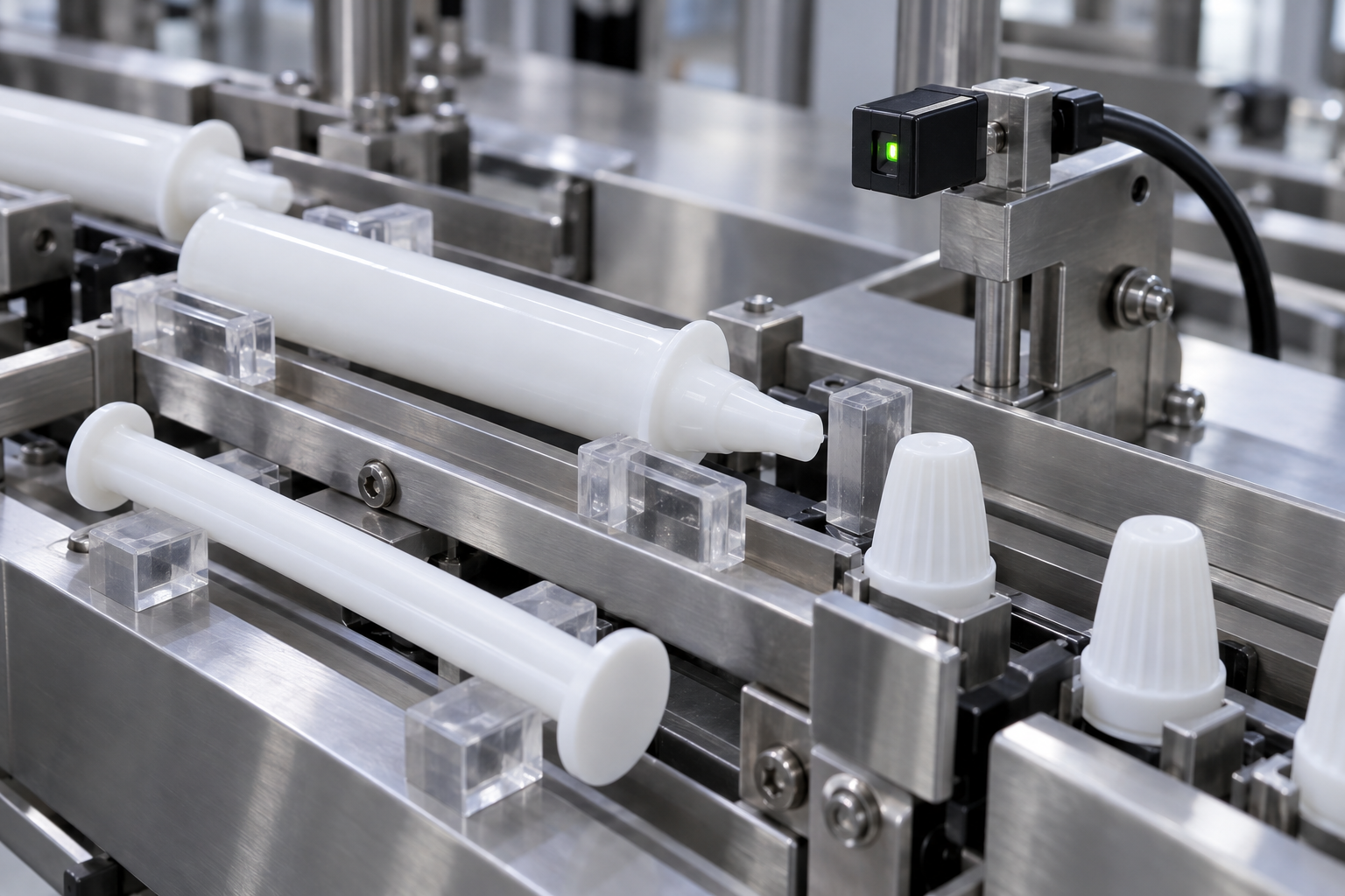 Intramammary barrel, plunger and cap samples in a controlled stainless-steel fixture.