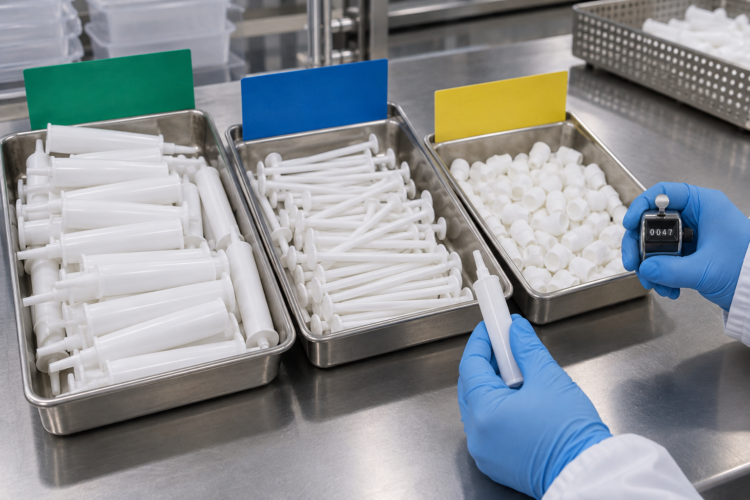 Three separate trays for intramammary barrels, plungers and caps on a quality-control bench.