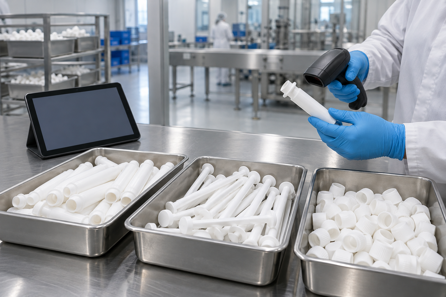 Separate trays of applicator barrels plungers and caps beside a material-control worksheet.