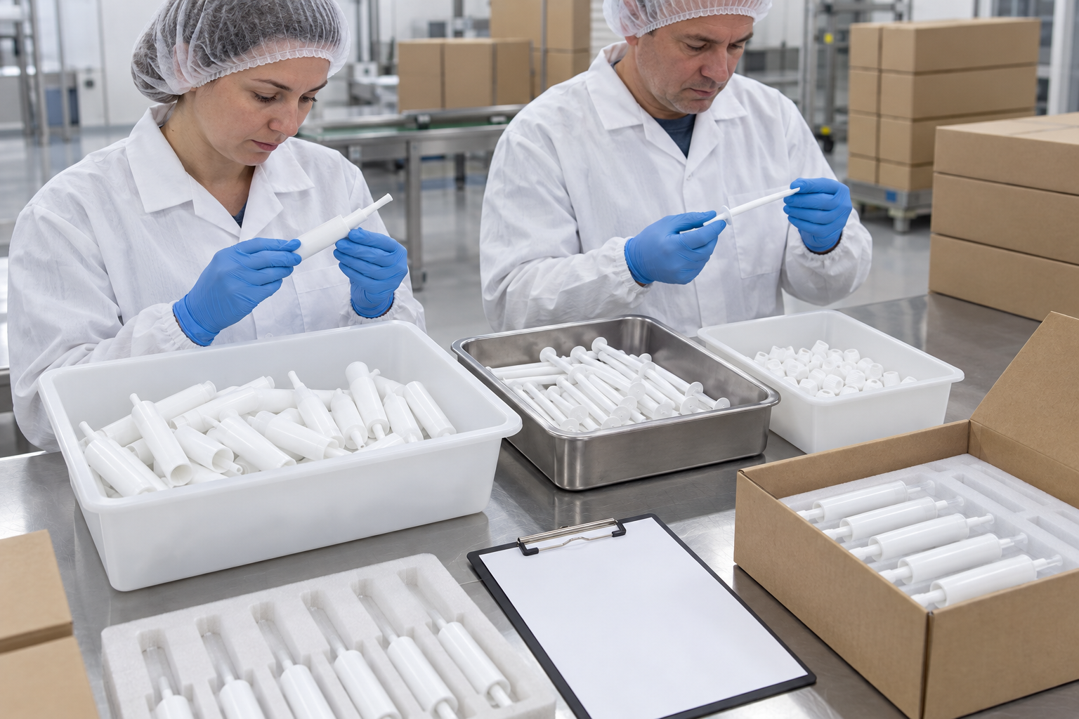 Factory staff inspecting intramammary applicator components and protective packaging before shipment.