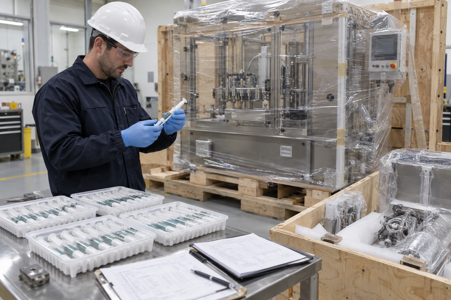 Factory testing and shipment inspection for veterinary syringe filling equipment