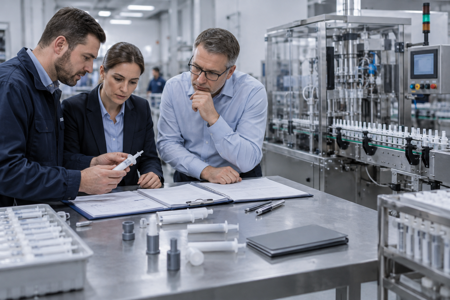 Procurement team reviewing an intramammary syringe filling machine quotation