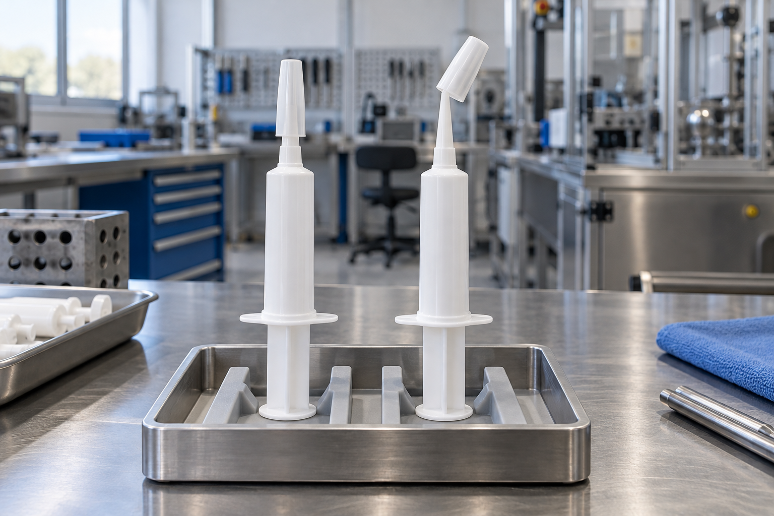 Two unfilled applicator assemblies in a sample tray, one with a visibly tilted cap.