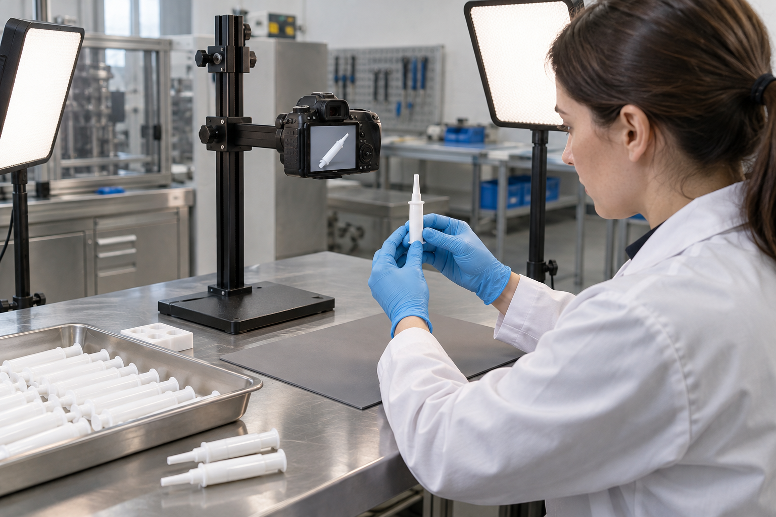Quality technician photographing a white capped veterinary applicator on neutral background with fixed camera stand and soft inspection lights.