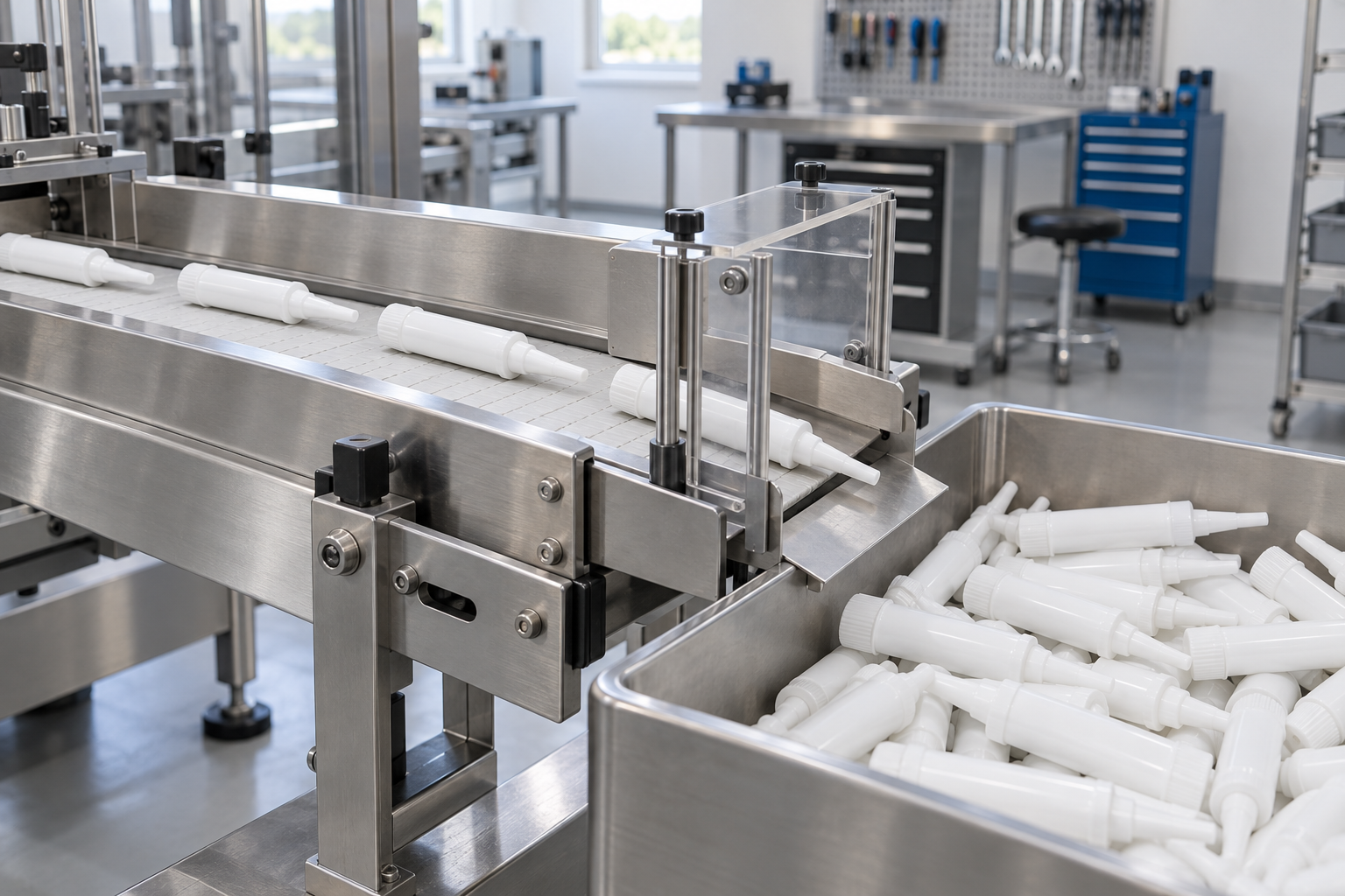 Finished empty capped white veterinary intramammary applicators on a low stainless discharge conveyor approaching a separate tray collection area, simple guarded transfer interface.