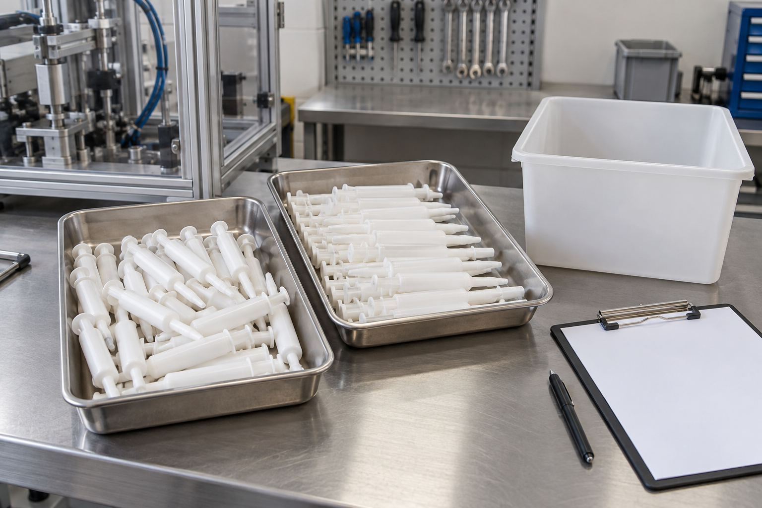 Separate trays of applicators beside a plain hold container on an inspection bench.