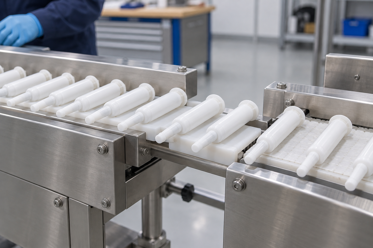 Capped veterinary applicators supported at a transfer between conveyor sections.
