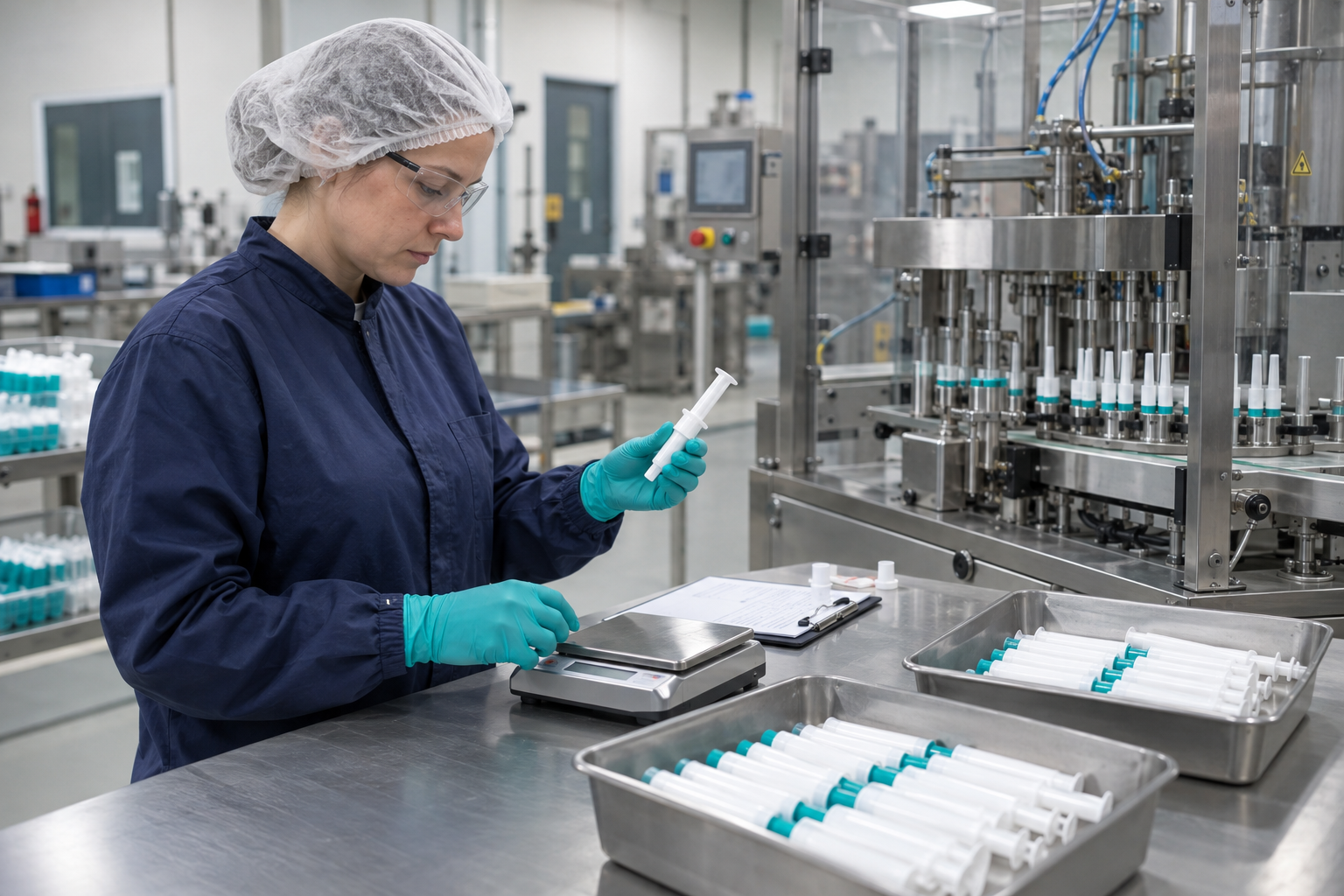 Engineer inspecting filled intramammary syringe samples during factory testing