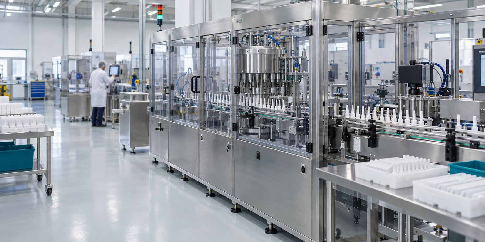 Automated intramammary syringe filling line with applicators and filling stations