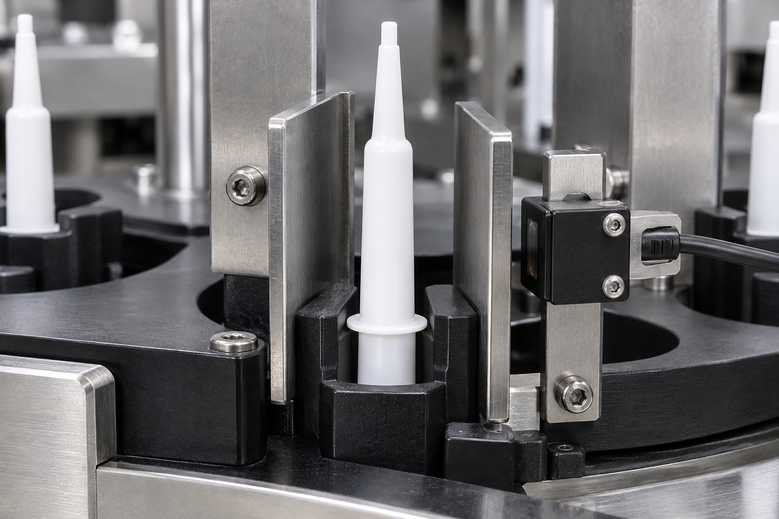 Fine-tip intramammary barrel supported in a polymer indexing pocket beside a sensor.