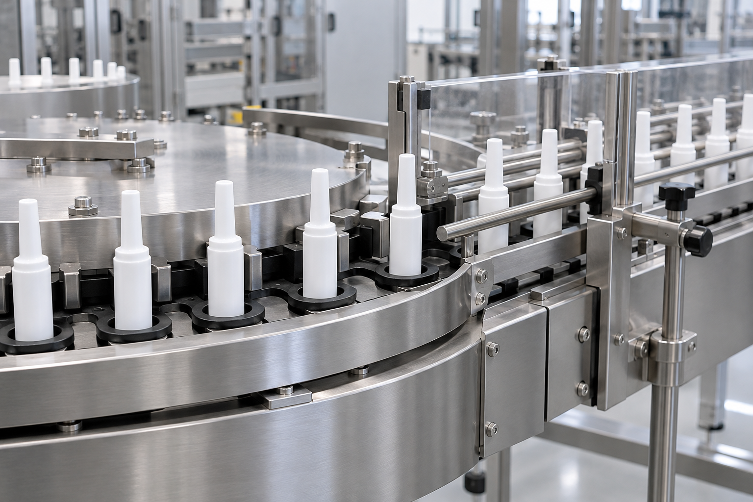 White intramammary applicator barrels moving through individual pockets on an indexing conveyor.