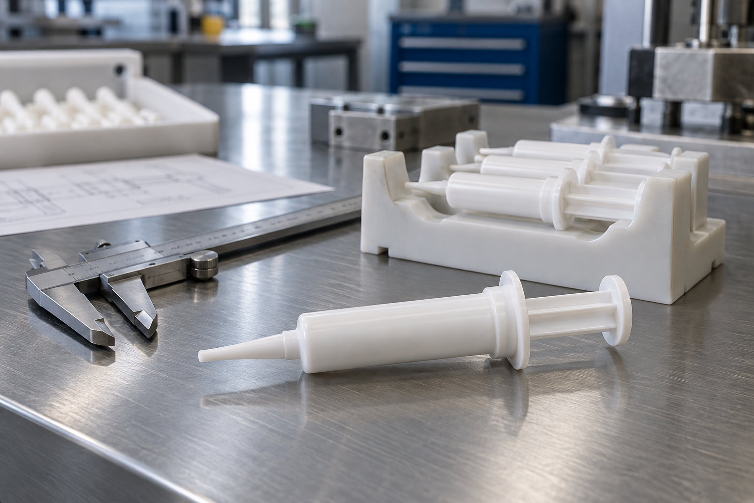 Applicator barrel beside a measurement tool and support nest.