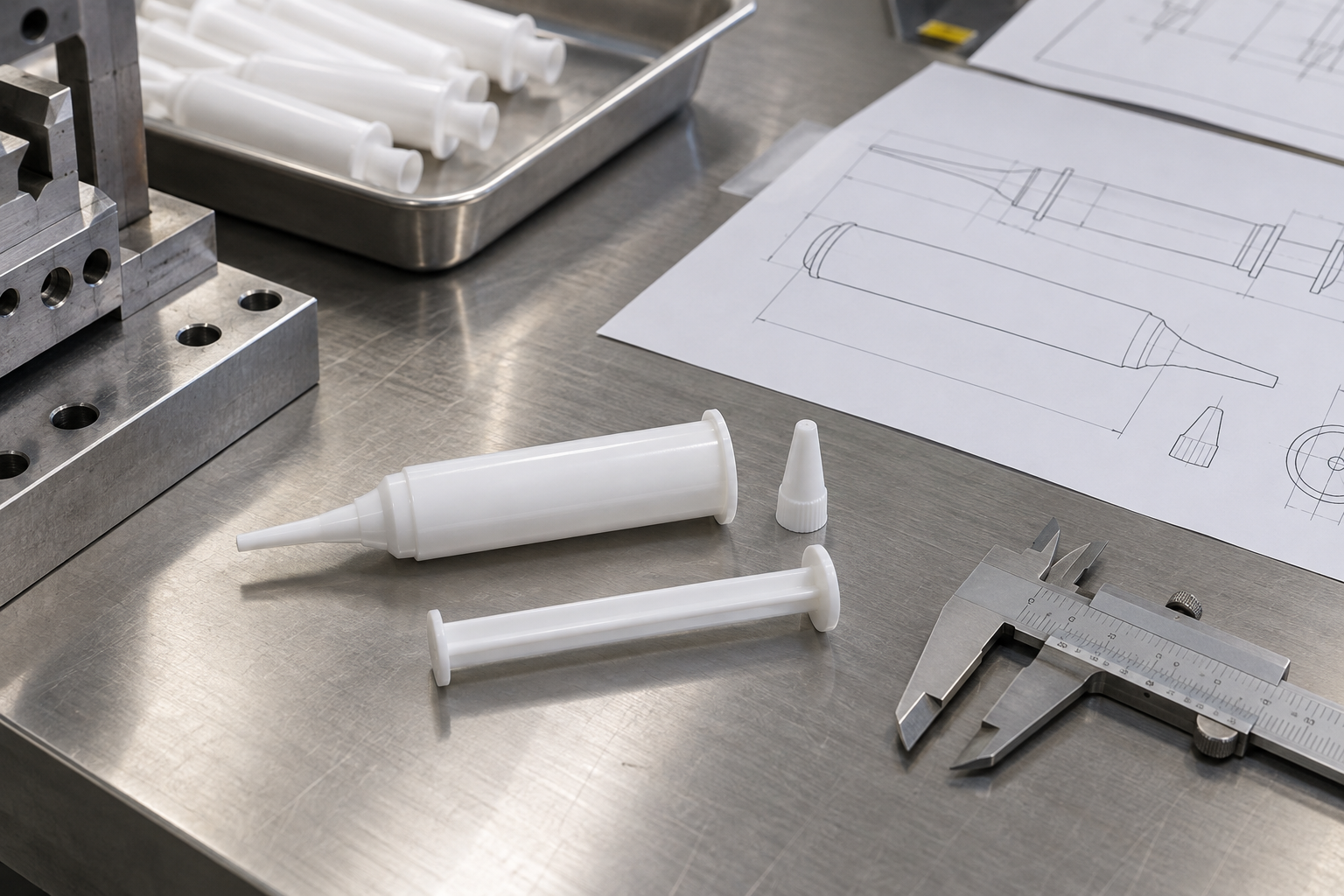 Overhead arrangement of empty white veterinary intramammary barrel with tapered blunt tip, separate plunger and small cap beside blank drawing sheets and caliper.