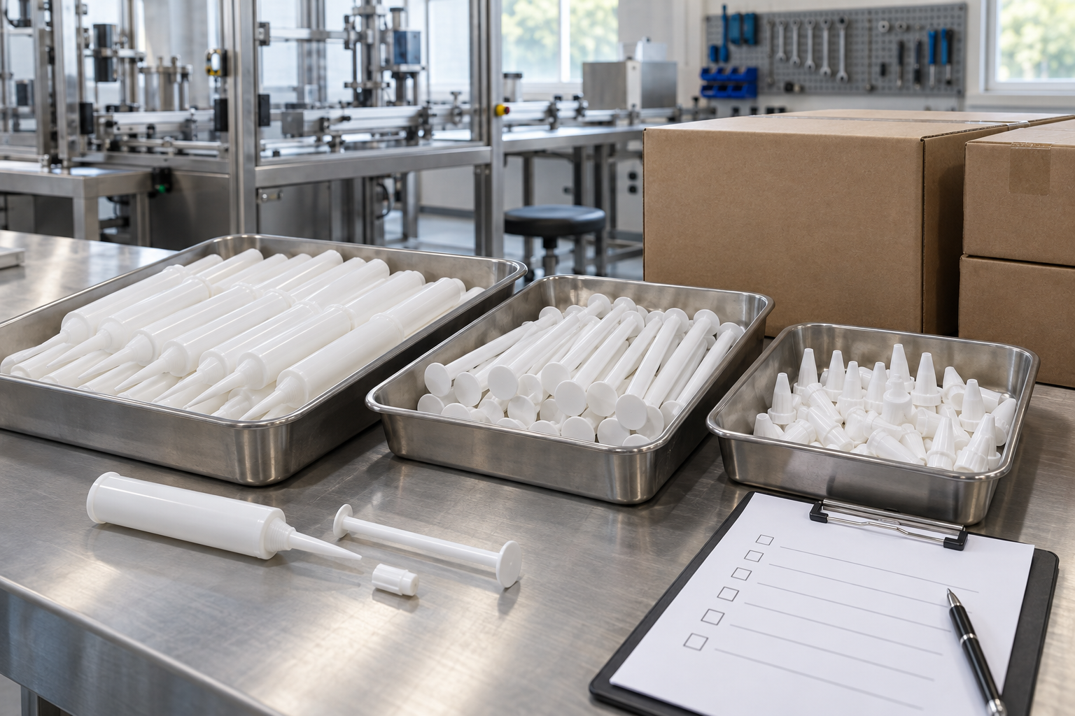 Separate applicator component trays beside protective shipping cartons.
