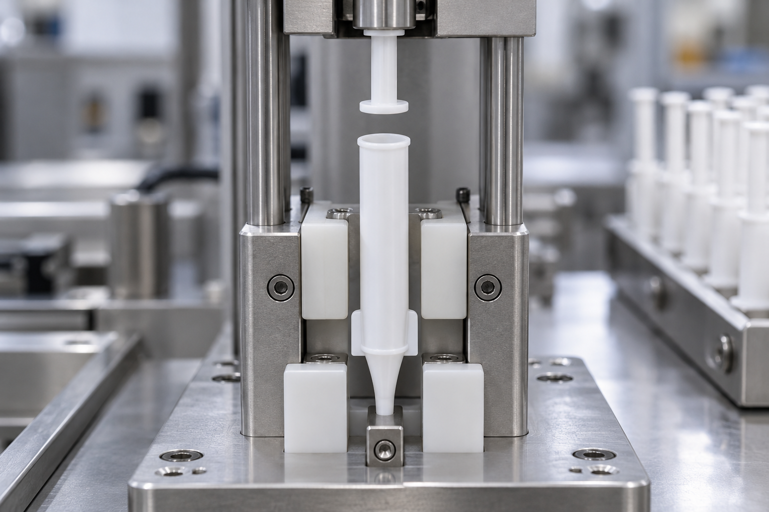 Close-up of plunger aligned above an intramammary applicator barrel in a stainless-steel nest.