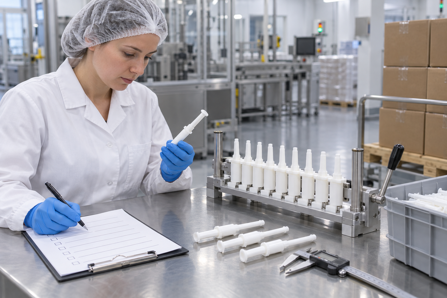 Quality technician inspecting intramammary applicator tooling and samples before shipment.