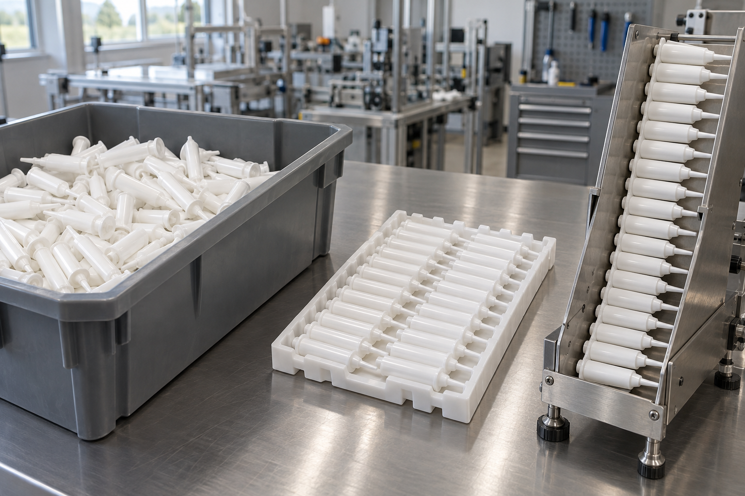 Three incoming-pack arrangements for empty white veterinary intramammary applicators: separate loose bulk tote, ordered tray and magazine-style holder.