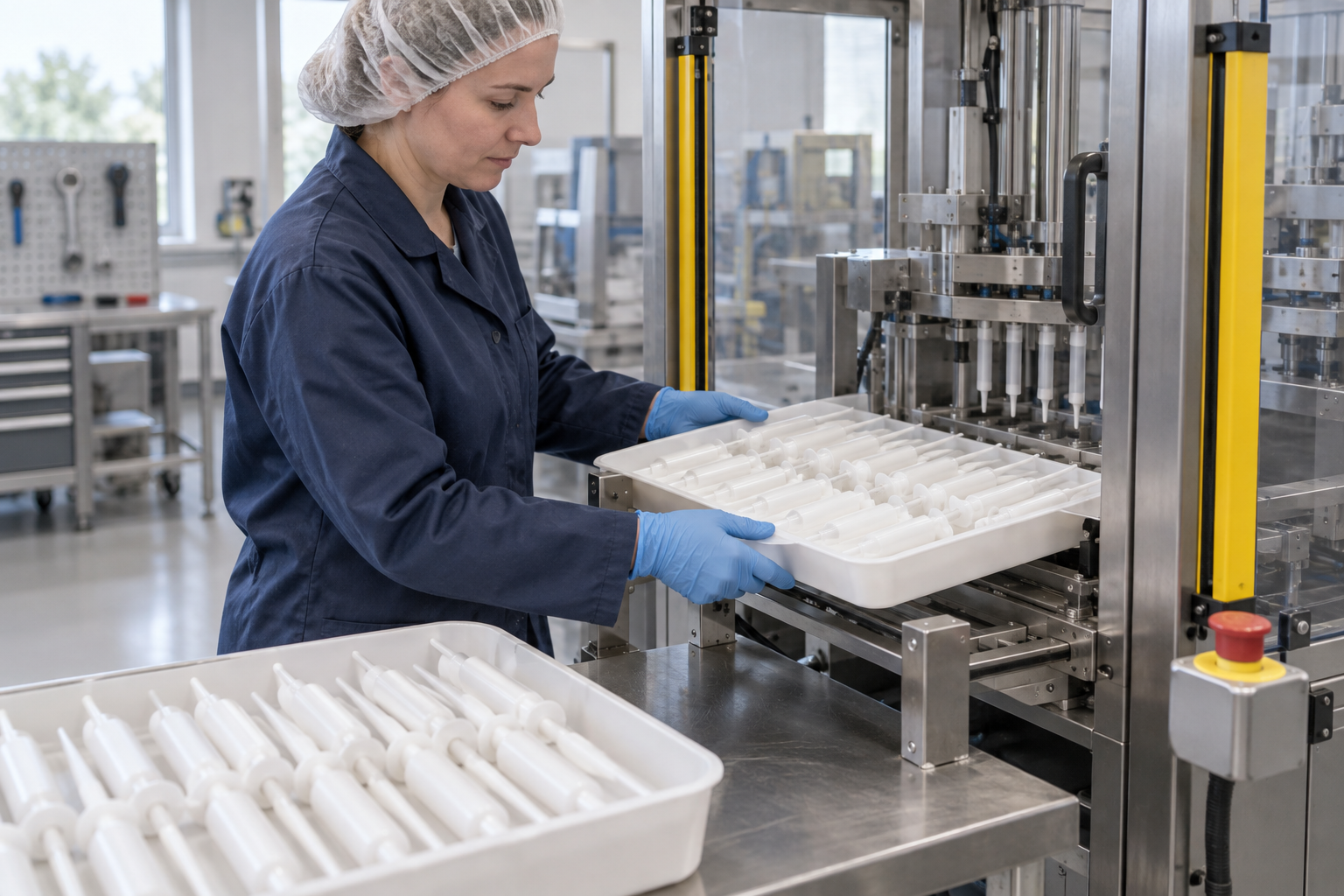 A worker replenishing an applicator tray outside guarded machinery.