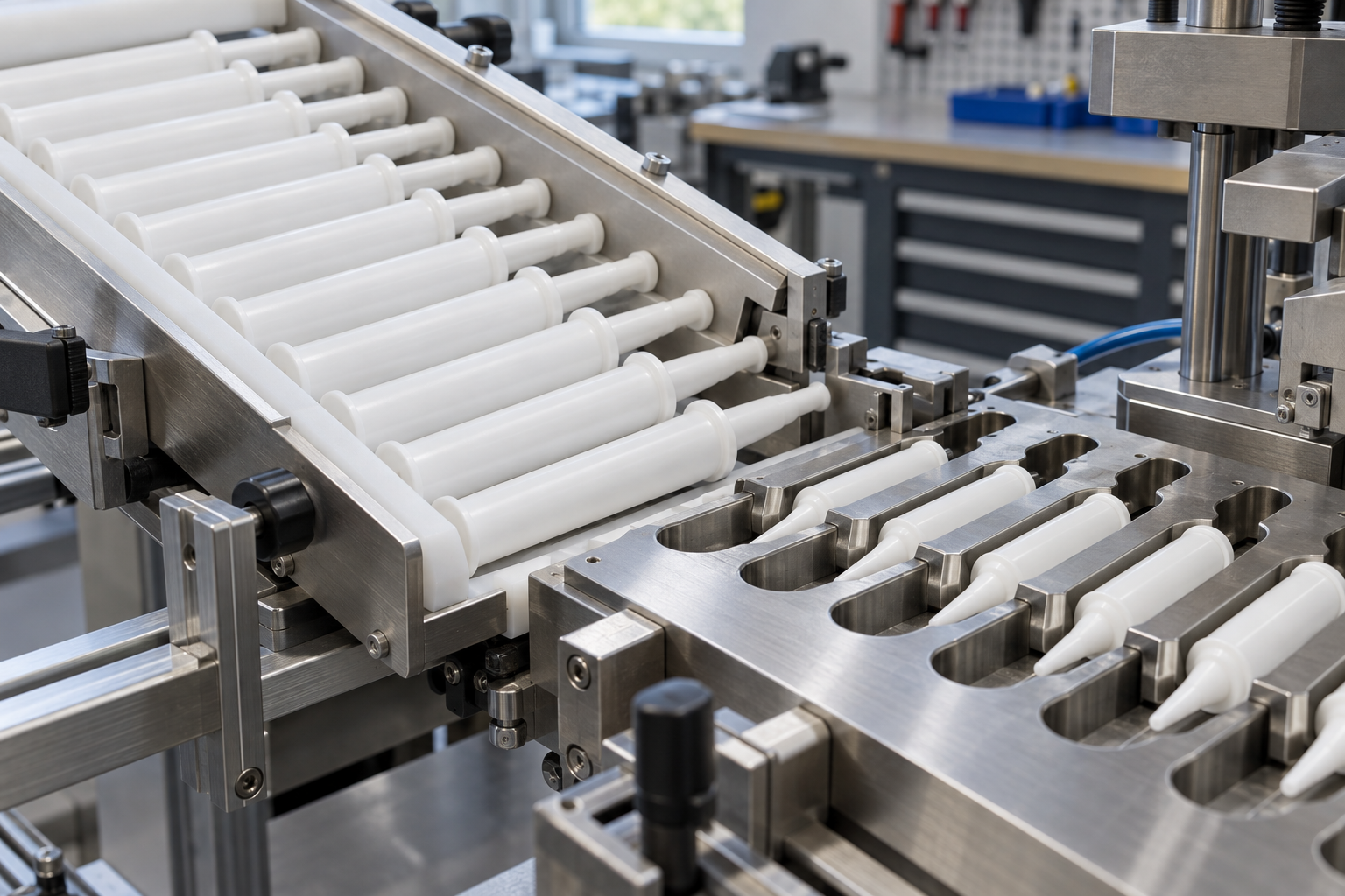 An ordered tray feeding empty applicator barrels into supported transfer nests.
