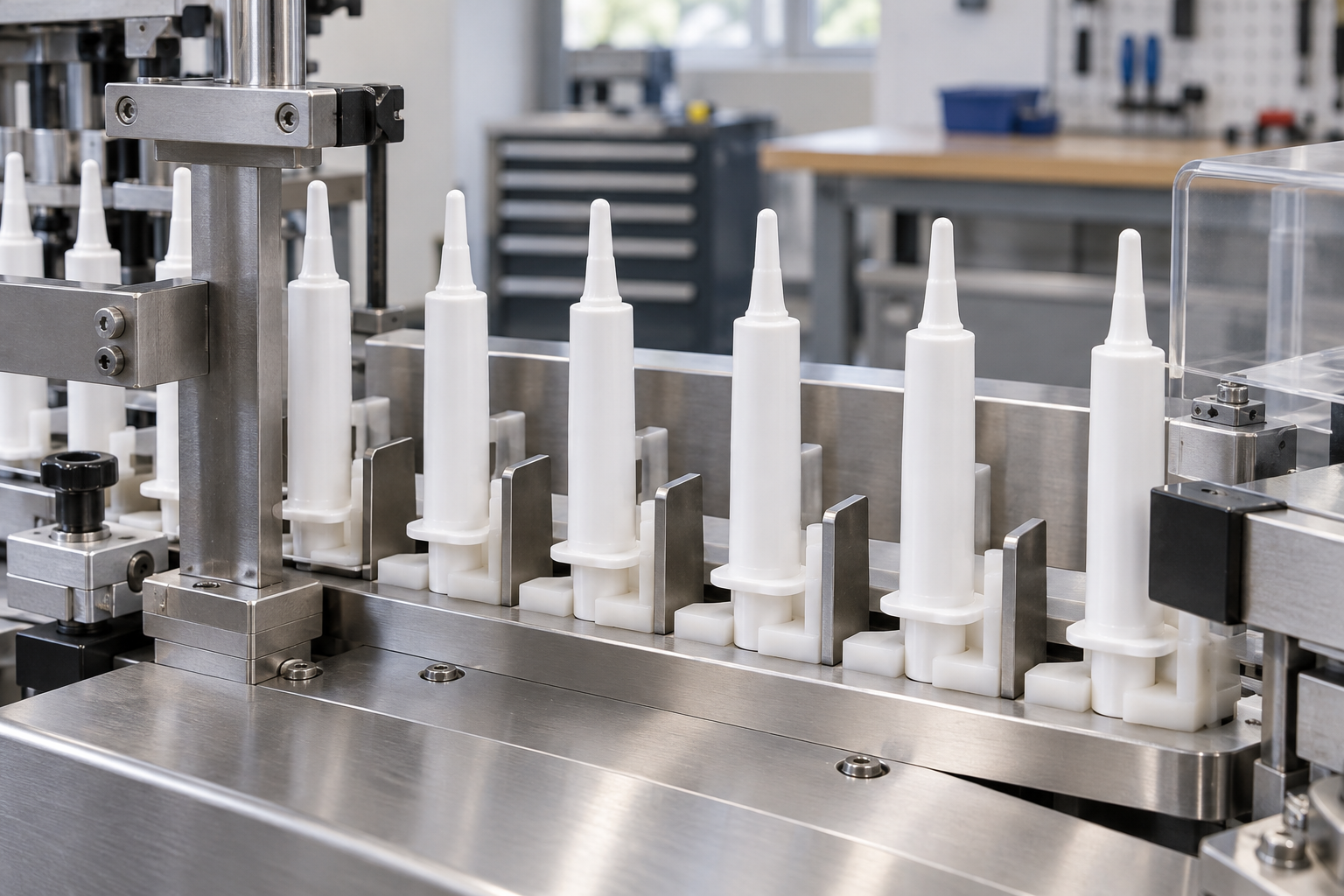 Empty veterinary applicators retained in a stopped transfer station.