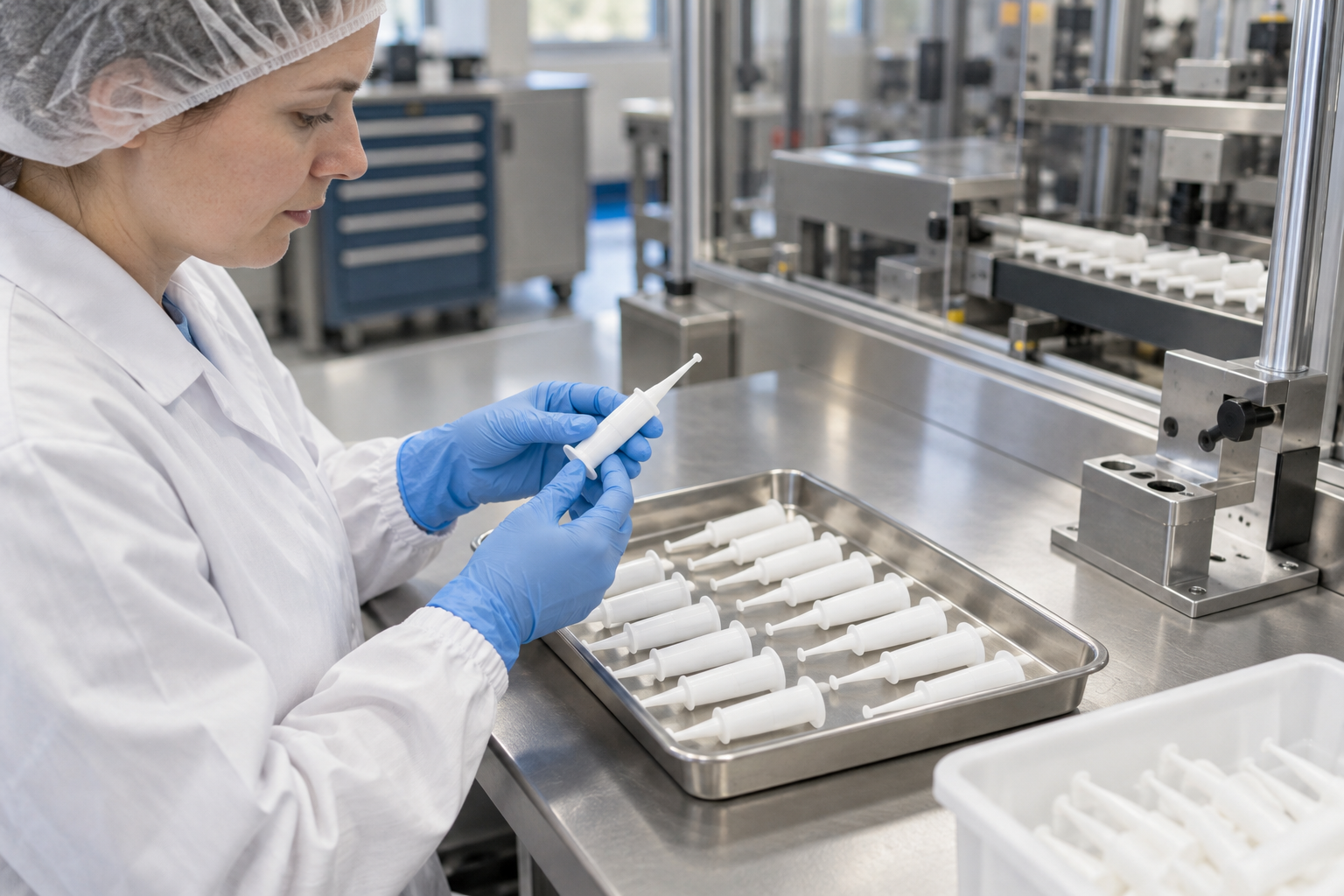 Technician reviewing a small set of applicator assemblies on an inspection bench.