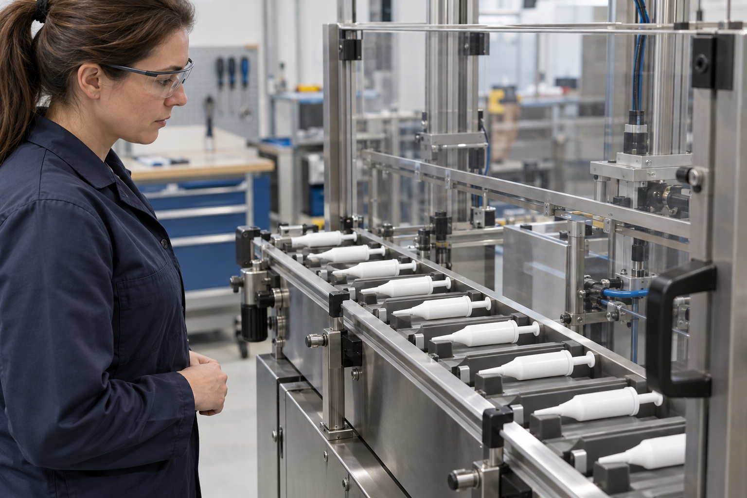 A technician observing stopped intramammary applicators in individual conveyor nests, guarded stainless equipment, hands outside the guards.