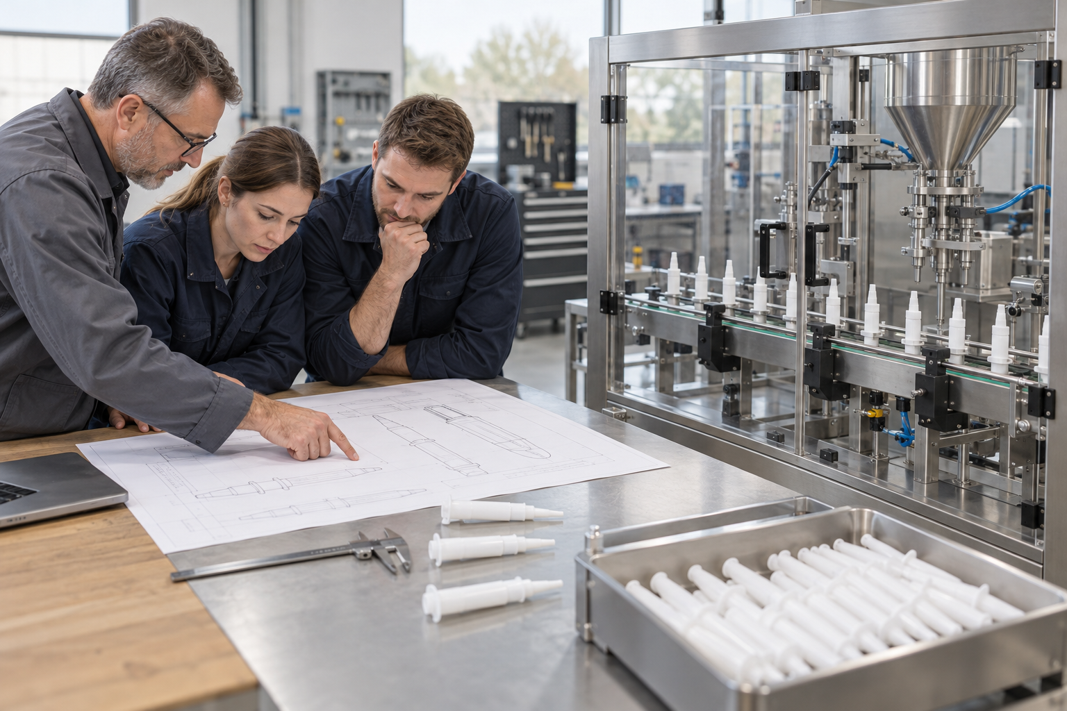 Industrial commissioning team reviewing blank layout drawings beside unpowered guarded stainless veterinary applicator filling equipment.