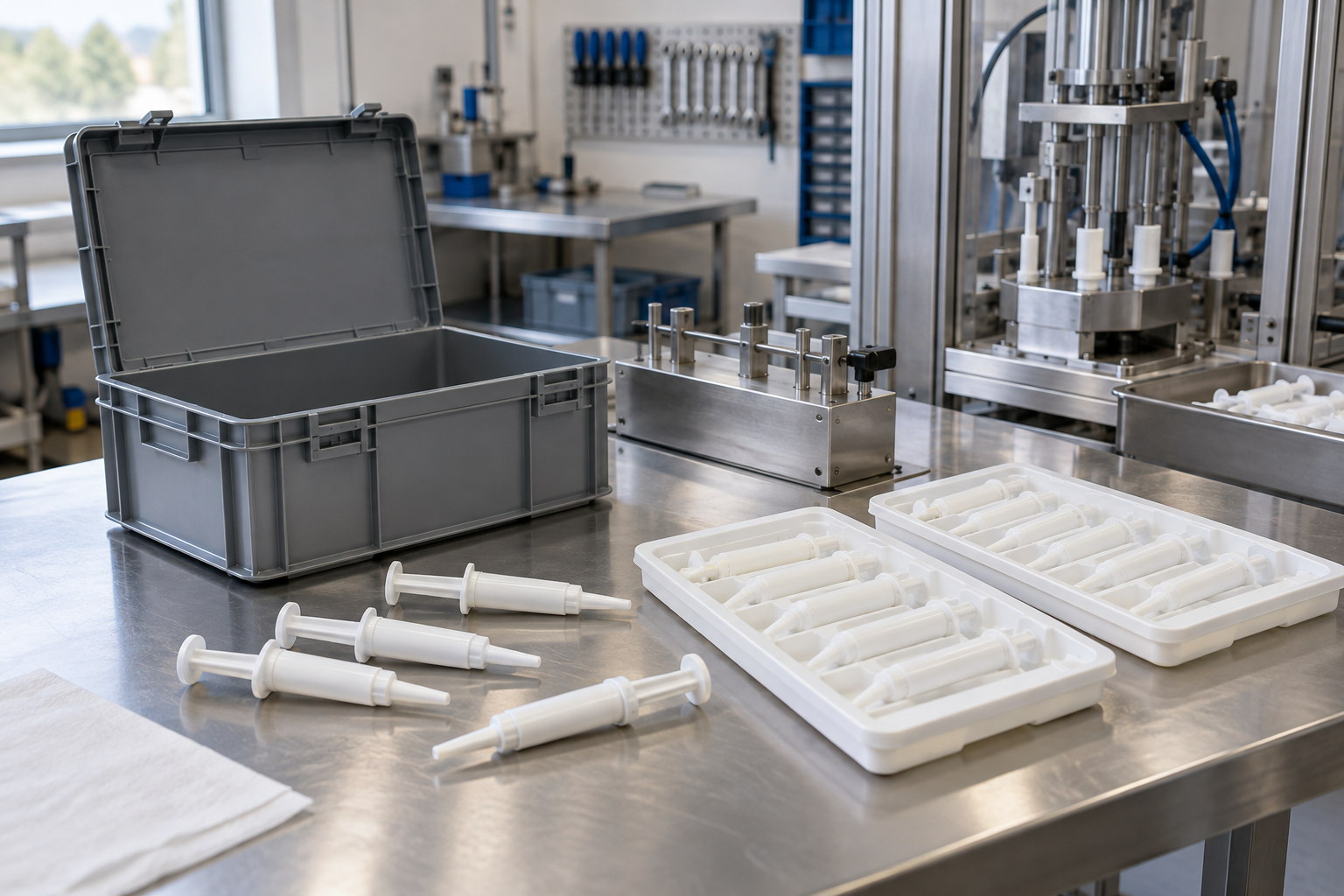 Protected format parts and applicator samples beside an opened accessory crate.