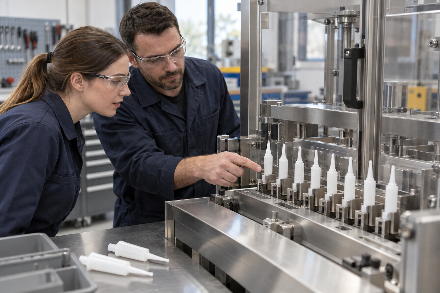 Two technicians observing an applicator station from outside guarded equipment.