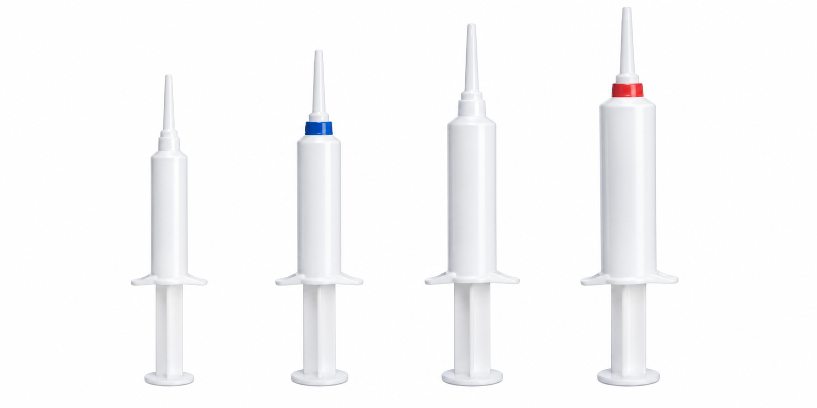 White-background intramammary syringe formats in 5 mL, 8 mL, 10 mL and 13 mL sizes