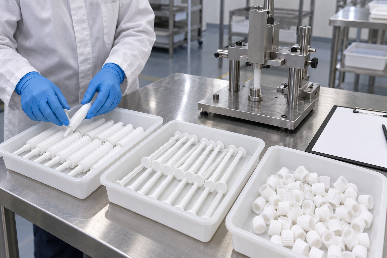 Engineer preparing separated intramammary barrels, plungers and caps for a line trial.