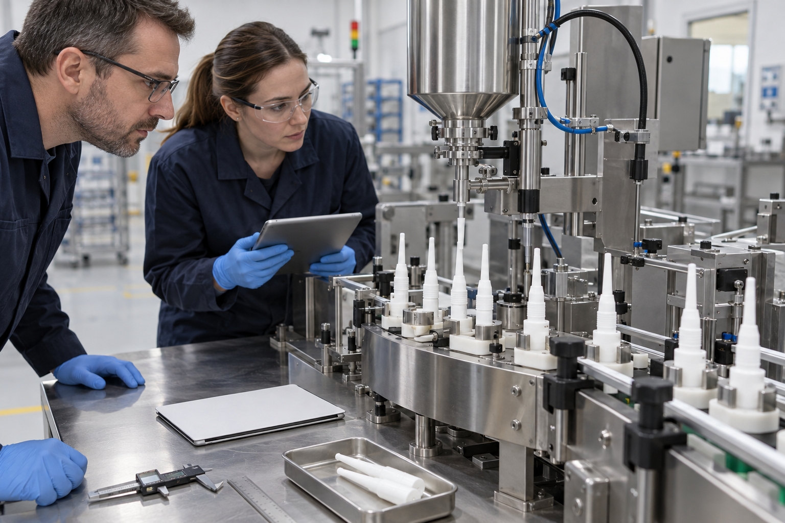 Engineers observing intramammary applicator fixtures during a factory acceptance test.