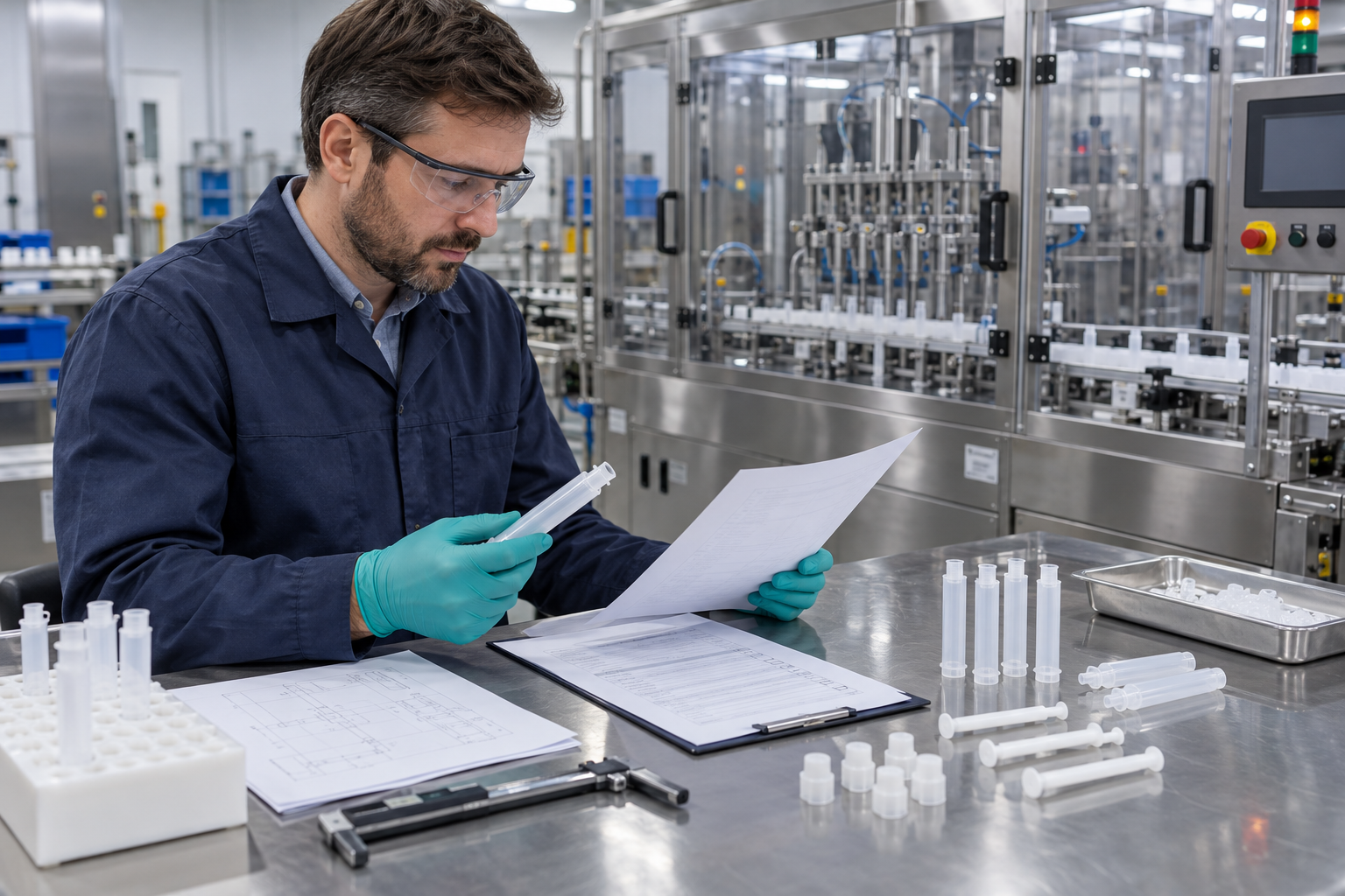 Engineer reviewing an intramammary syringe filling line URS beside a production machine