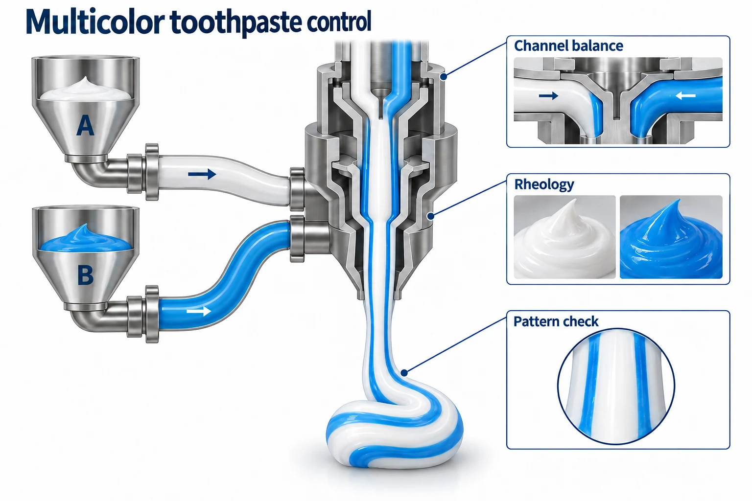 Multicolor Toothpaste Tube Filling: Rheology and Color Control concept illustration