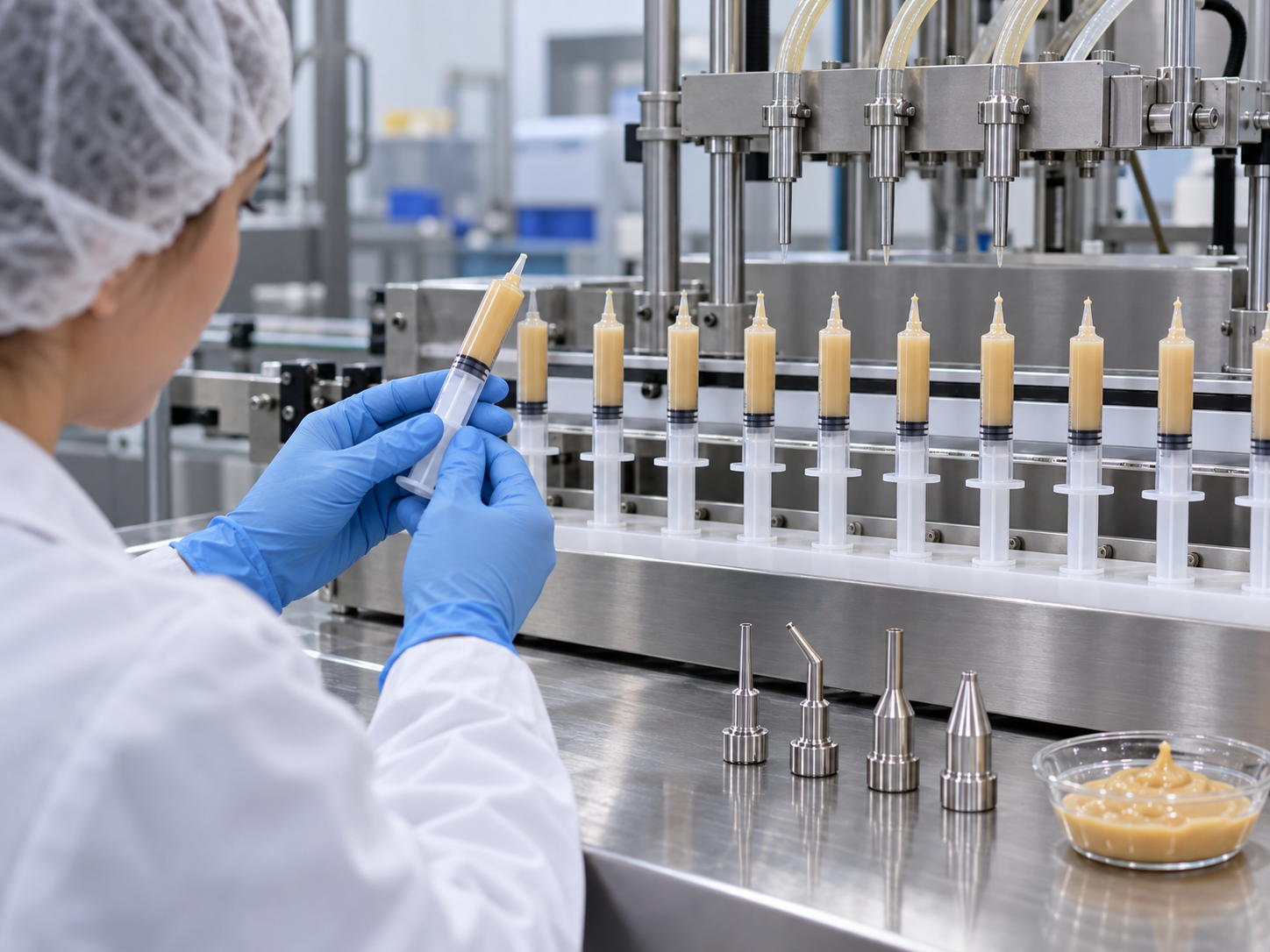 Filled veterinary syringes inspected during a filling nozzle test