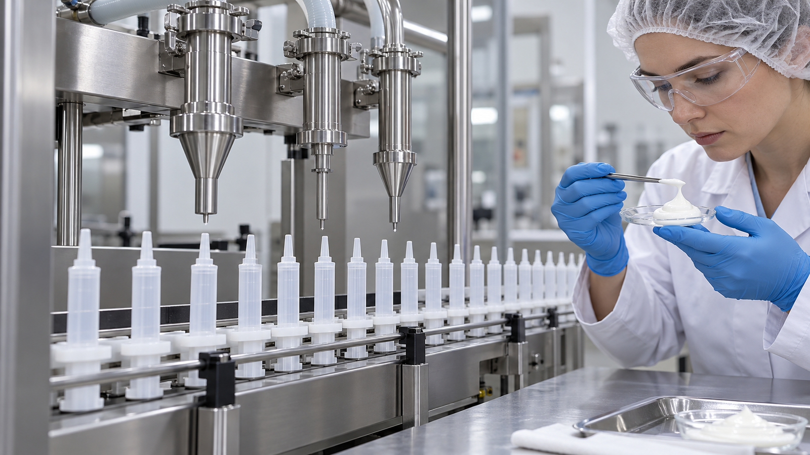 Veterinary syringe filling machine with interchangeable nozzles for viscous products