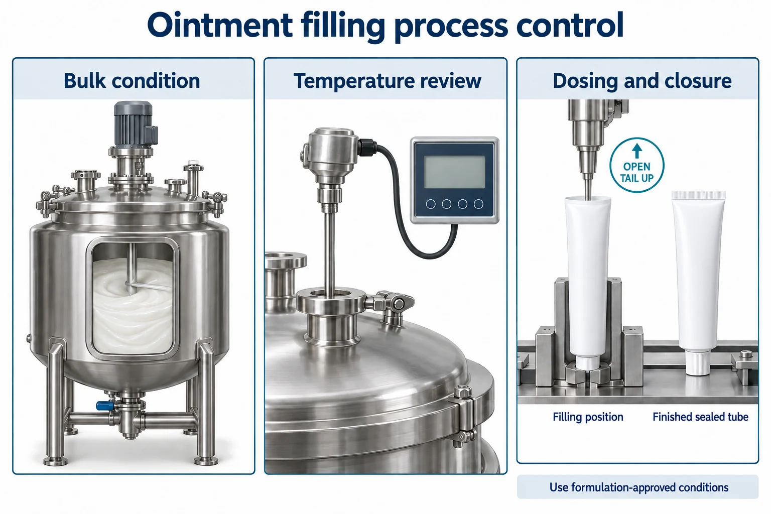 Pharmaceutical Ointment Tube Filling: Emulsion, Temperature and Sealing concept illustration