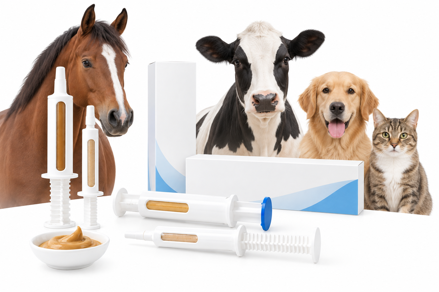 Veterinary oral paste, deworming dose and pet nutrition gel syringe applications with animal-use context