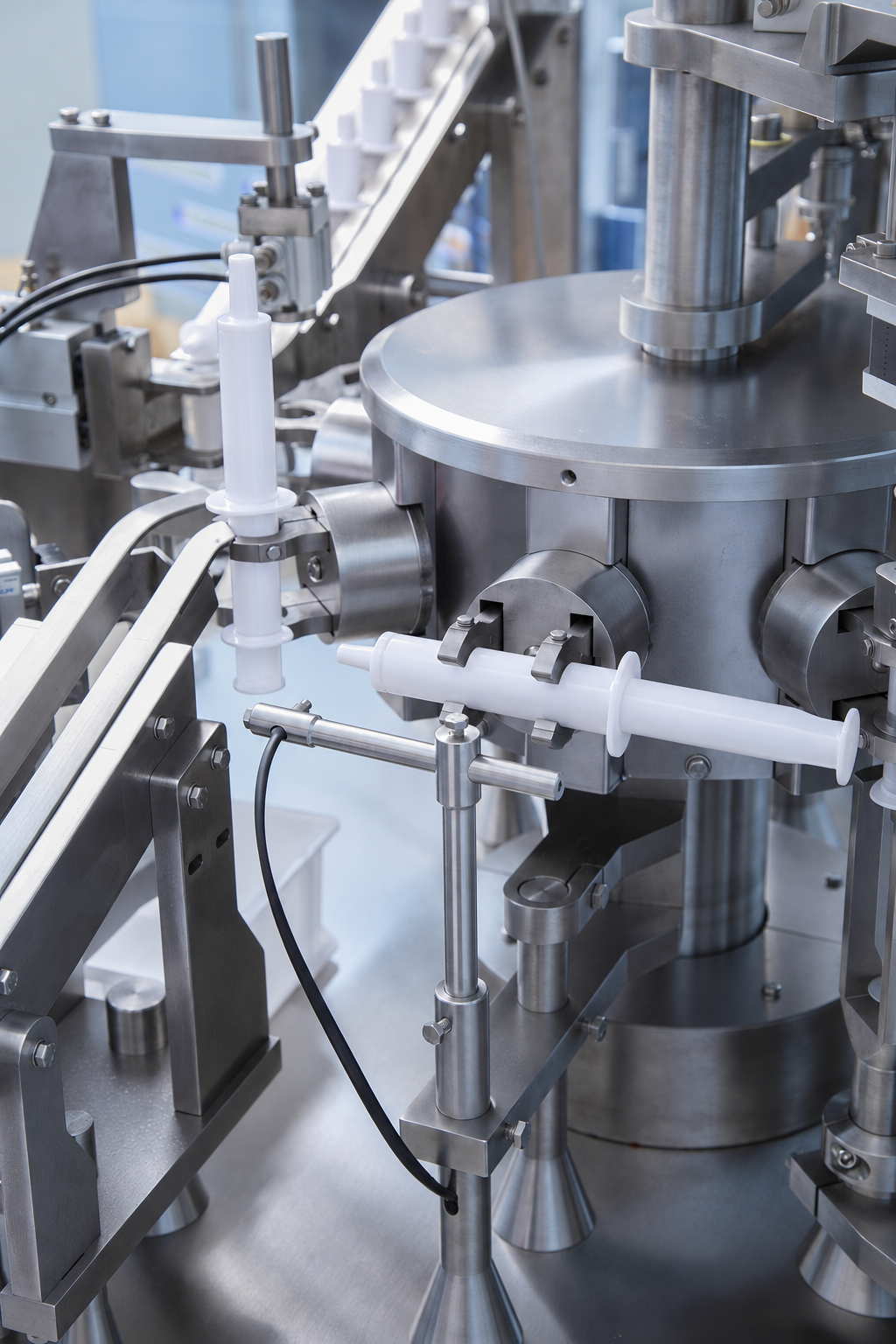 White intramammary syringe at machine discharge and transfer station